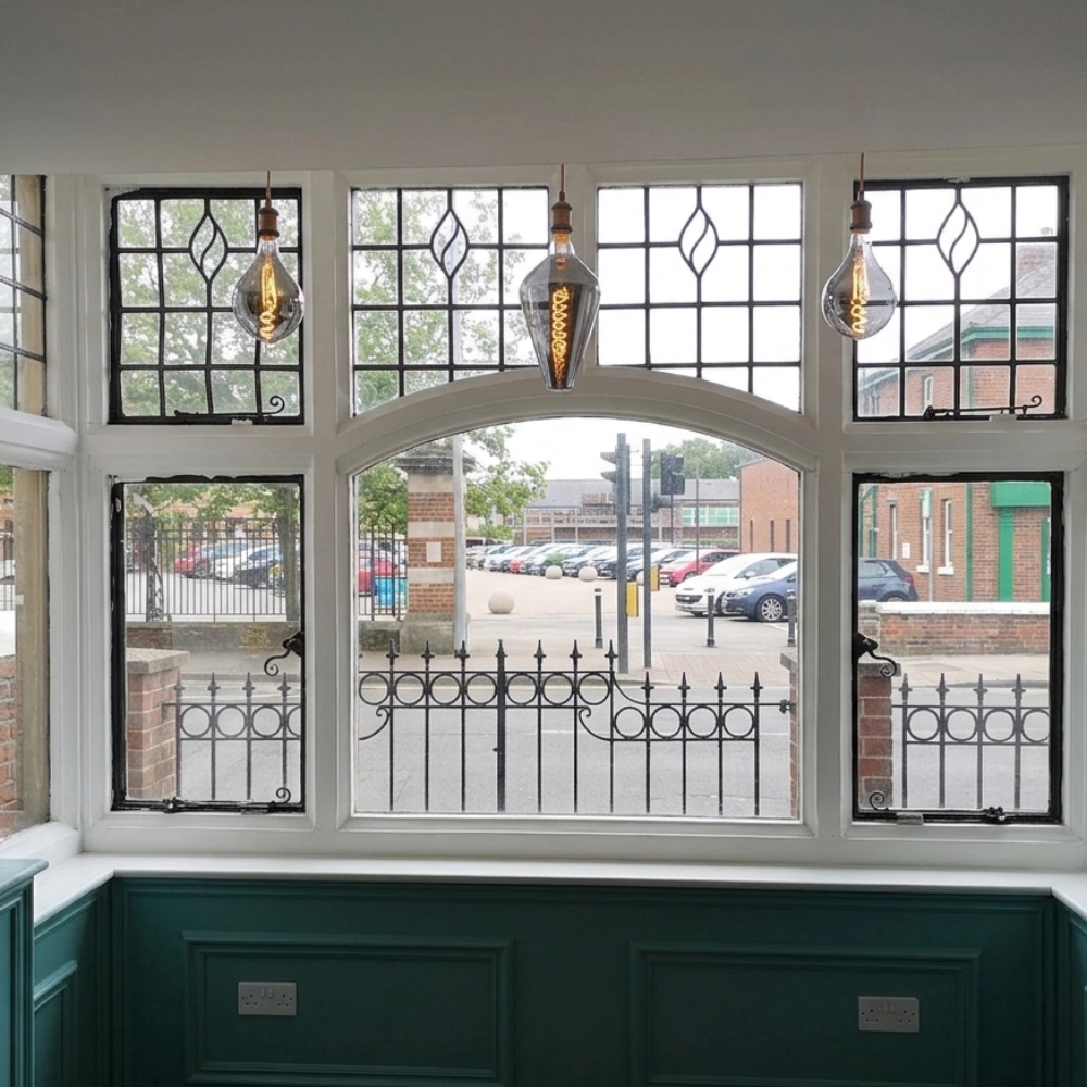 Three decorative pendant lights installed in front of large leaded windows.